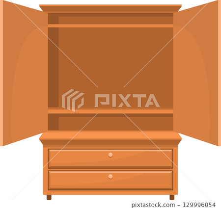A wooden armoire stands open, revealing empty shelves and drawers ready for organization A wooden armoire stands open, revealing empty shelves and drawers ready for organization 129996054