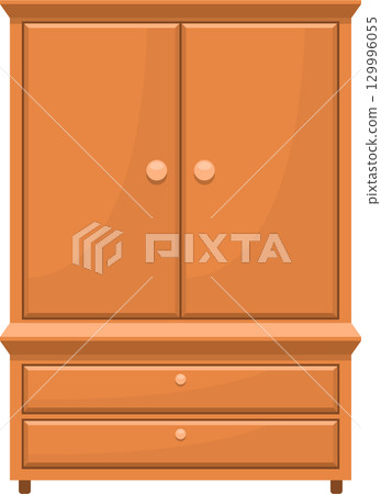 A simple illustration depicts a wooden cabinet with two doors and two drawers in a cozy setting. A simple illustration depicts a wooden cabinet with two doors and two drawers in a cozy setting. 129996055