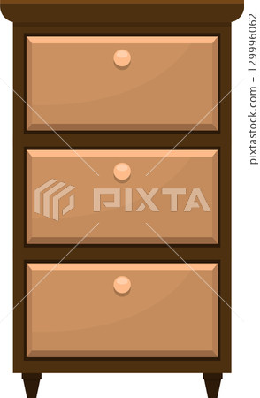 Illustration of a dark brown three-drawer dresser cabinet, featuring round knobs and clean lines. Illustration of a dark brown three-drawer dresser cabinet, featuring round knobs and clean lines. 129996062
