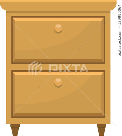 Illustration of a wooden nightstand with two drawers, featuring simple design and small knobs. 129996064