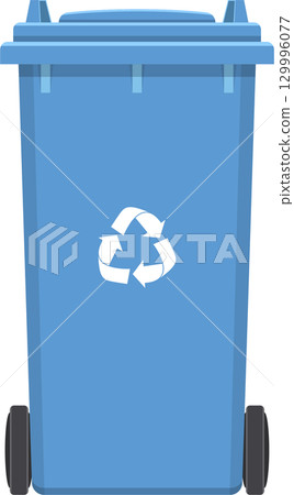 A blue recycling bin with the recycling symbol on a black background. Clean and organized. 129996077