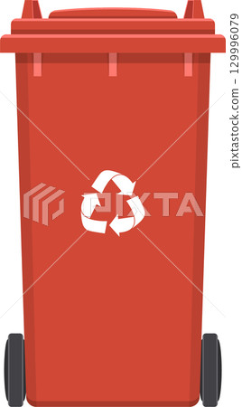 Eye-level shot of a red trash bin with a lid and recycling symbol on the front, great for disposal. Eye-level shot of a red trash bin with a lid and recycling symbol on the front, great for disposal. 129996079