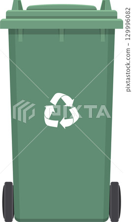 Green recycle bin on wheels, features the white recycling symbol. Black background contrasts. 129996082