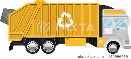 A yellow recycling truck with a white recycling symbol on the side ready to collect recyclables. 129996089