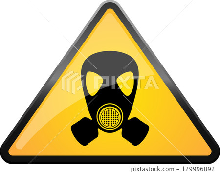Yellow warning sign with a black gas mask icon alerting to dangerous, toxic air or substances. 129996092