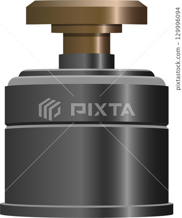 An isolated illustration shows a metal push button with a gray body and copper colored top. 129996094