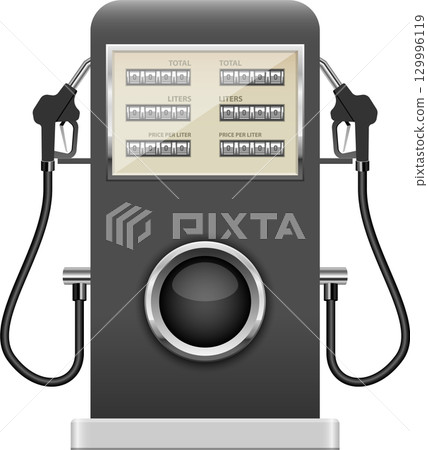 Fuel dispenser: A vintage-style gas pump featuring a total price, volume, and unit price display. 129996119