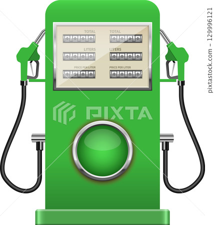 A green gas pump with two nozzles, displaying '0' for total, liters, and price. 129996121