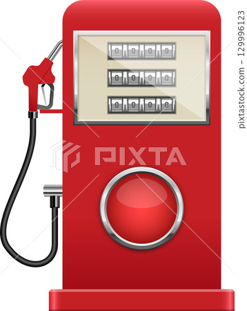 Retro style red fuel pump with fuel dispenser, numeric display, and classic design elements. 129996123