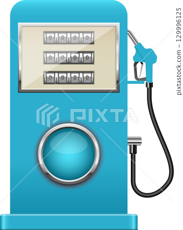 A blue gas pump with zeroed display, showcasing classic design with retro-futuristic elements. 129996125