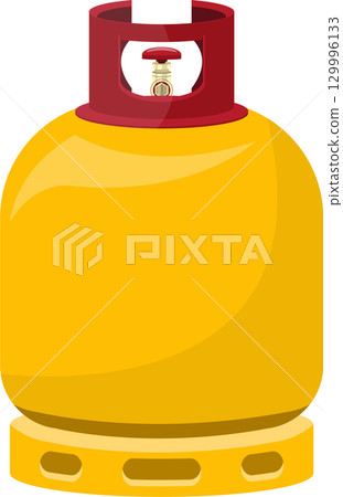 Illustration of a yellow propane tank with a red top and valve on a black background. 129996133