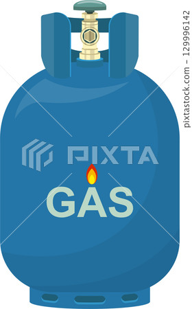 Illustration of a blue gas cylinder or tank with valve, for fuel or industrial use 129996142