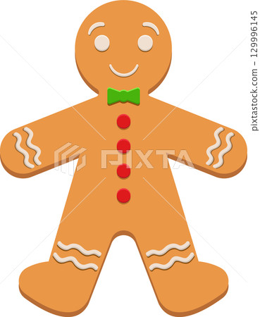 Gingerbread Man with decorative icing, features buttons, and a bow tie on a black background. Gingerbread Man with decorative icing, features buttons, and a bow tie on a black background. 129996145