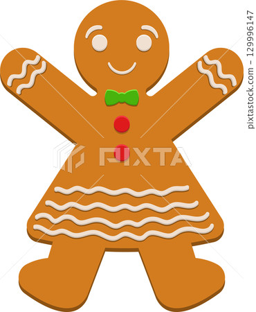 Festive gingerbread girl cookie illustration with holiday icing on arms and skirt detail. Festive gingerbread girl cookie illustration with holiday icing on arms and skirt detail. 129996147