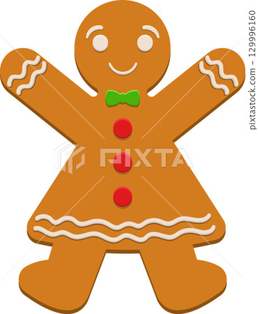 Festive gingerbread person with a smile, wearing a green bow tie and red buttons on brown cookie. Festive gingerbread person with a smile, wearing a green bow tie and red buttons on brown cookie. 129996160