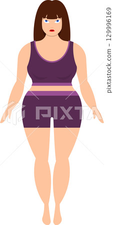 Stylized cartoon woman in purple athletic attire standing against a black background. 129996169