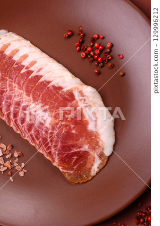 Sliced ham, meat, pork or turkey sausage for sandwiches. Ham slices, food 129996212