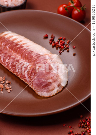 Sliced ham, meat, pork or turkey sausage for sandwiches. Ham slices, food 129996213