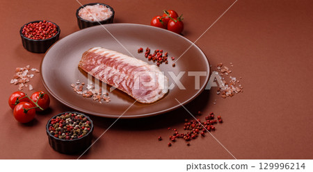 Sliced ham, meat, pork or turkey sausage for sandwiches. Ham slices, food 129996214