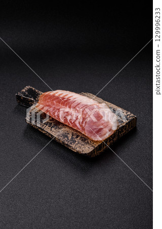 Sliced ham, meat, pork or turkey sausage for sandwiches. Ham slices, food 129996233