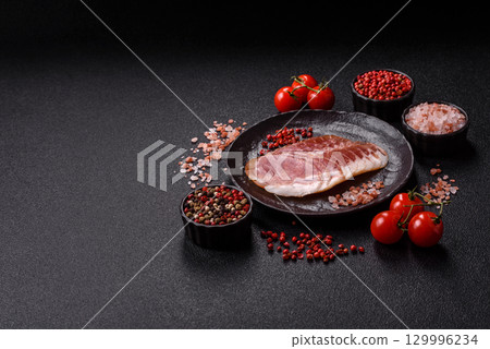 Sliced ham, meat, pork or turkey sausage for sandwiches. Ham slices, food 129996234