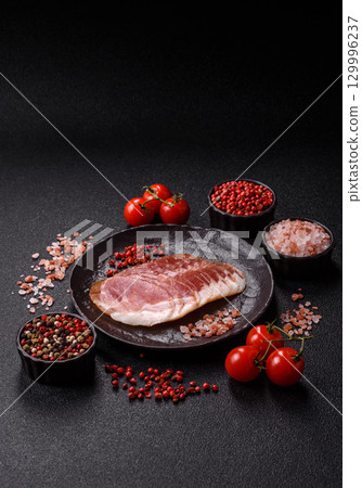 Sliced ham, meat, pork or turkey sausage for sandwiches. Ham slices, food 129996237