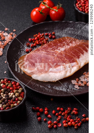 Sliced ham, meat, pork or turkey sausage for sandwiches. Ham slices, food 129996240