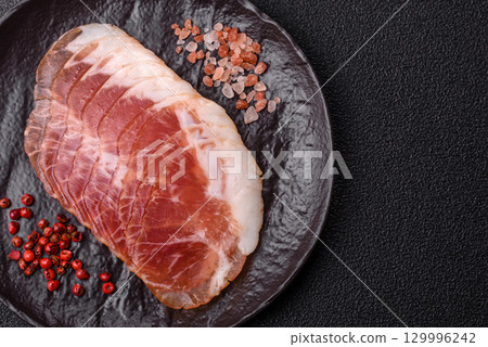 Sliced ham, meat, pork or turkey sausage for sandwiches. Ham slices, food 129996242