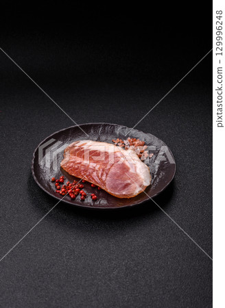 Sliced ham, meat, pork or turkey sausage for sandwiches. Ham slices, food 129996248