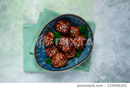 Tsukune, Japanese meatballs, minced chicken, fried on a skewer, with yakitori sauce, homemade, no people, 129996265