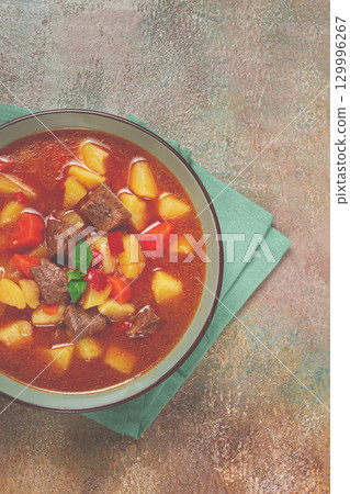meat goulash, with potatoes and carrots, sweet pepper, traditional Hungarian soup, homemade, no people, meat goulash, with potatoes and carrots, sweet pepper, traditional Hungarian soup, homemade, no people, 129996267