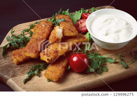 fried fish nuggets, with white sauce, arugula and cherry, no people, fried fish nuggets, with white sauce, arugula and cherry, no people, 129996275