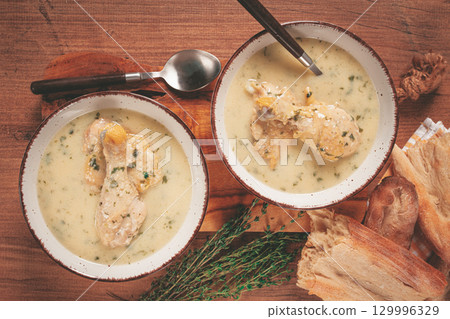 Chikhirtma chicken soup, Georgian dish, with lavash, top view, no people, 129996329