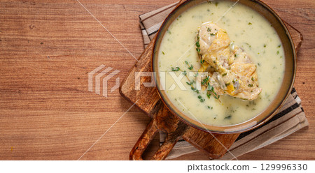 Chikhirtma chicken soup, Georgian dish, with lavash, top view, no people, Chikhirtma chicken soup, Georgian dish, with lavash, top view, no people, 129996330
