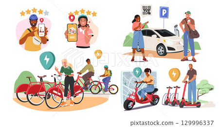 People using mobile app with car sharing opportunity and rental transport service cartoon scene 129996337