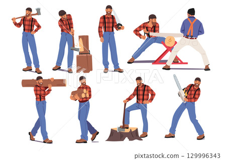 Male lumberjack cartoon characters using axes, saw, carrying firewood at work isolated set 129996343