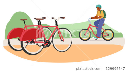 Happy satisfied teenage boy character returning from travel ride on rented bike cartoon scene Happy satisfied teenage boy character returning from travel ride on rented bike cartoon scene 129996347