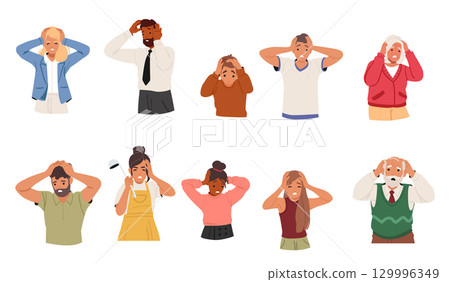 Diverse people cartoon characters touching head suffering from pain, tension and pressure set 129996349