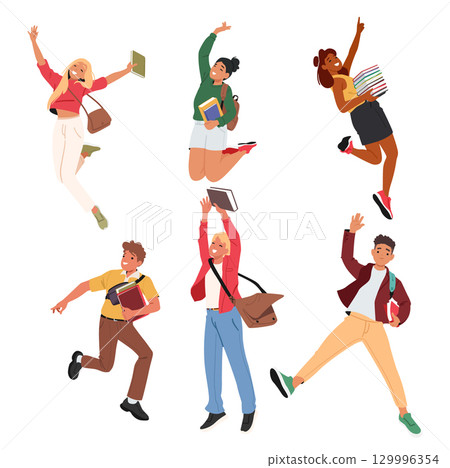 Happy students cartoon teenagers characters jumping feeling positive celebrating education start Happy students cartoon teenagers characters jumping feeling positive celebrating education start 129996354