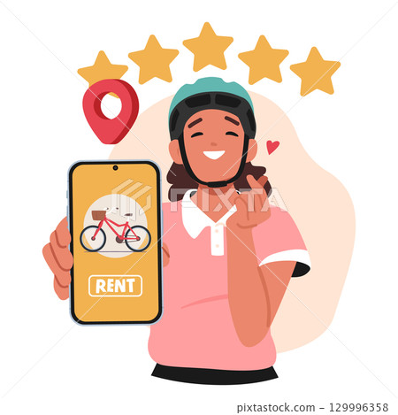 Young woman showcasing satisfaction with high quality service of bicycle renting for travel 129996358