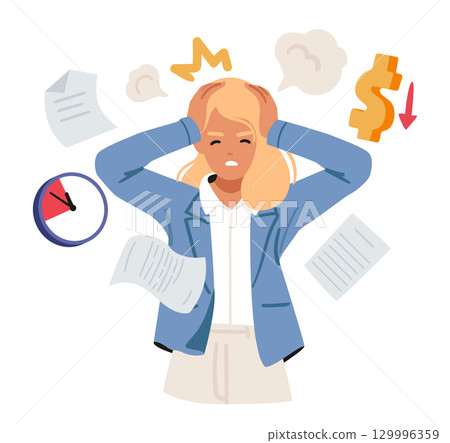 Young businesswoman holding head feeling chaos in thoughts due to unproductive time management Young businesswoman holding head feeling chaos in thoughts due to unproductive time management 129996359