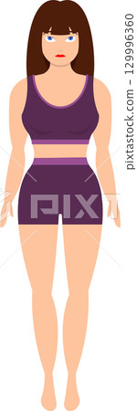 Cartoon woman in purple activewear set against a black background, full shot with blue eyes. Cartoon woman in purple activewear set against a black background, full shot with blue eyes. 129996360