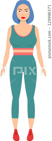 A cartoon woman in a green sports bra and leggings with blue hair poses against black background. 129996371