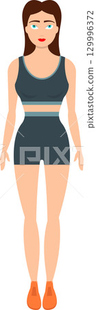 Illustration of a woman with brown hair, blue eyes, and a fitness outfit against a black backdrop. 129996372