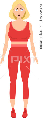 Illustration of a blonde woman with blue eyes in a red workout outfit against a black background. 129996373