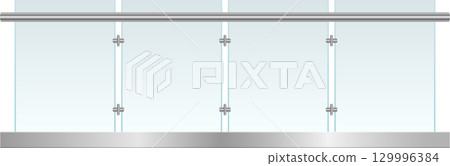 Modern glass railing with metal supports and horizontal bar against a gradient blue backdrop 129996384
