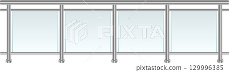 Sleek silver railing with blue-tinted panels provides modern safety and architectural detail. Sleek silver railing with blue-tinted panels provides modern safety and architectural detail. 129996385