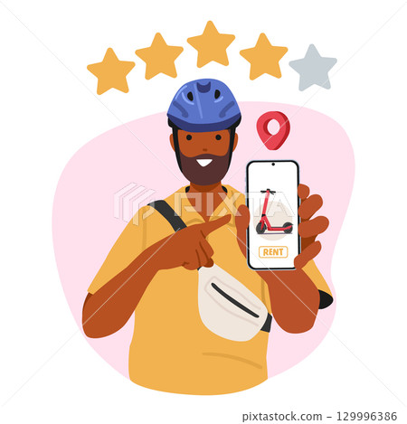 Electric scooter rental service user giving mobile app good rating showing phone screen to customers 129996386