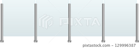 A symmetrical arrangement of six chrome posts, each standing upright against a blue backdrop. 129996387