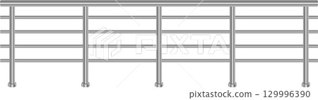 A silver metal railing with horizontal bars runs across the black background in this image. A silver metal railing with horizontal bars runs across the black background in this image. 129996390